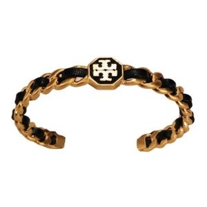 New Tory Burch black leather woven Marion chain cuff bracelet NWT